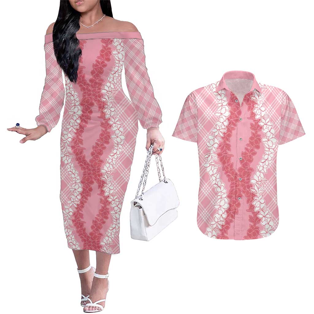 Hawaii Aloha Plumeria Lei Pink Palaka Couples Matching Off The Shoulder Long Sleeve Dress and Hawaiian Shirt LT7 Pink - Polynesian Pride