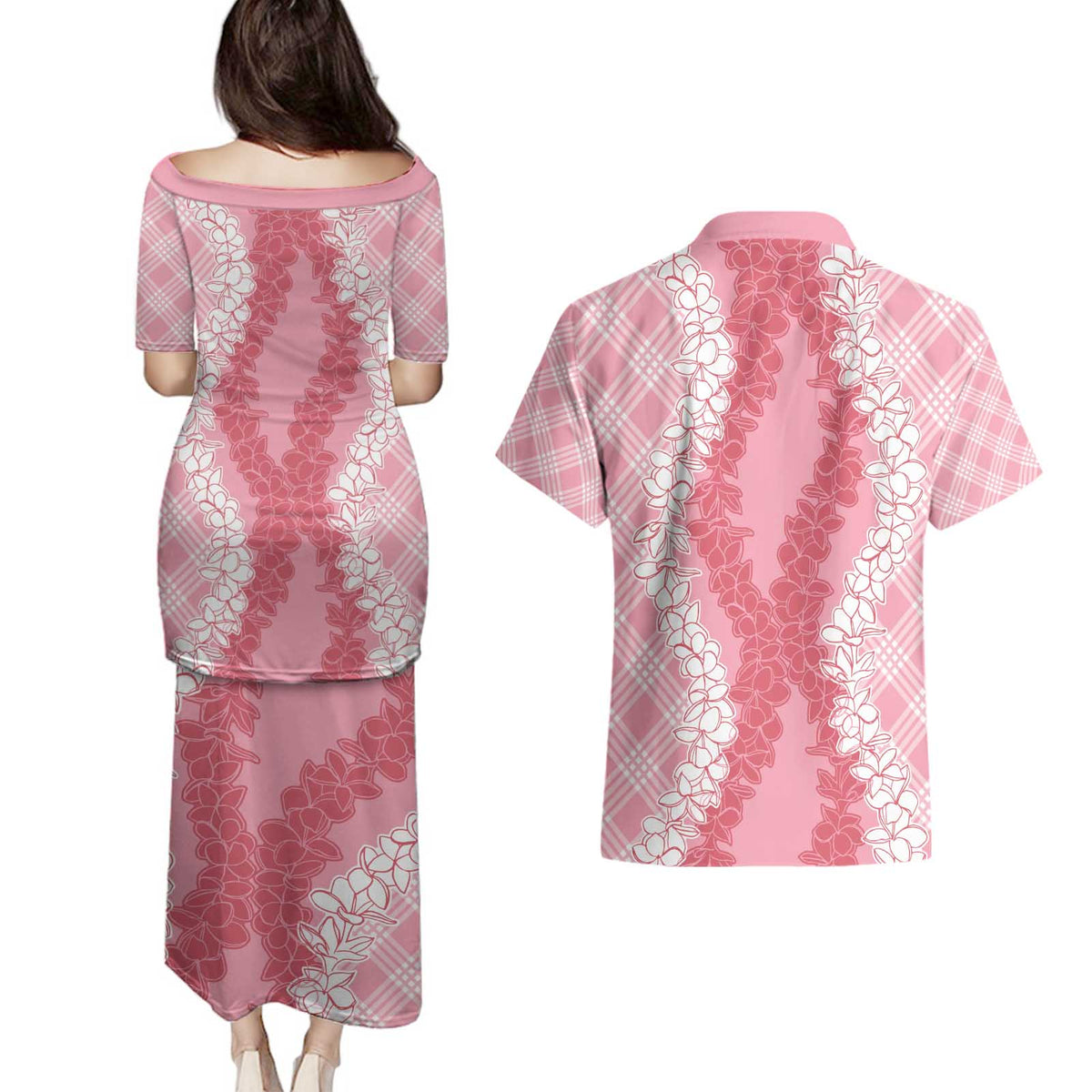 Hawaii Aloha Plumeria Lei Pink Palaka Couples Matching Puletasi and Hawaiian Shirt - Polynesian Pride