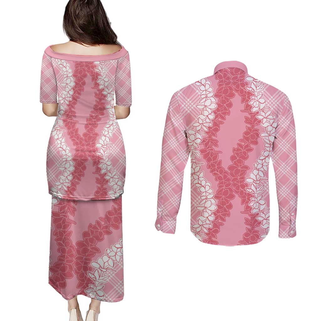 Hawaii Aloha Plumeria Lei Pink Palaka Couples Matching Puletasi and Long Sleeve Button Shirt - Polynesian Pride