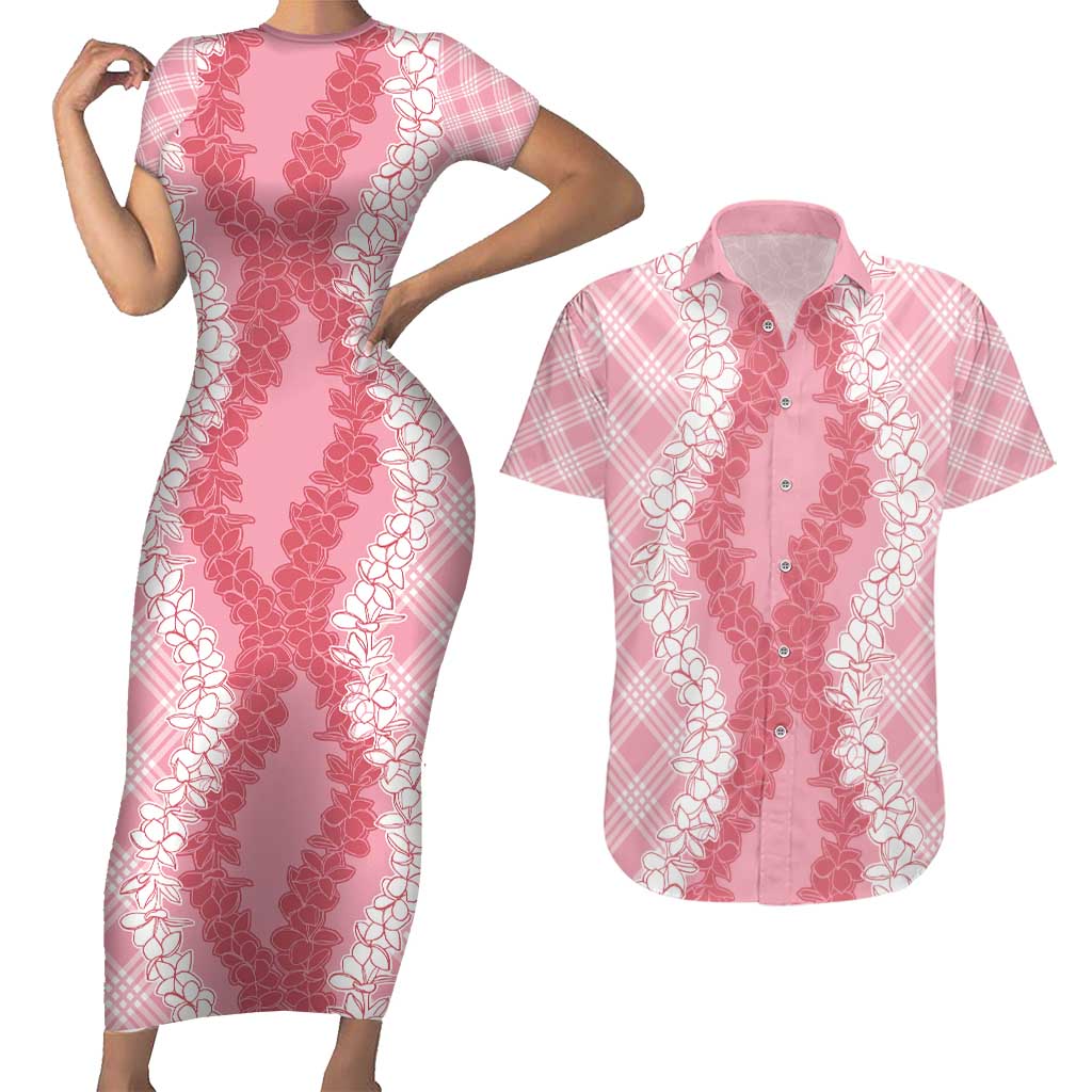 Hawaii Aloha Plumeria Lei Pink Palaka Couples Matching Short Sleeve Bodycon Dress and Hawaiian Shirt LT7 Pink - Polynesian Pride