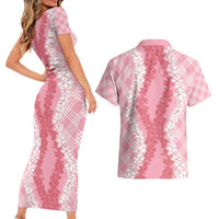 Hawaii Aloha Plumeria Lei Pink Palaka Couples Matching Short Sleeve Bodycon Dress and Hawaiian Shirt LT7 - Polynesian Pride