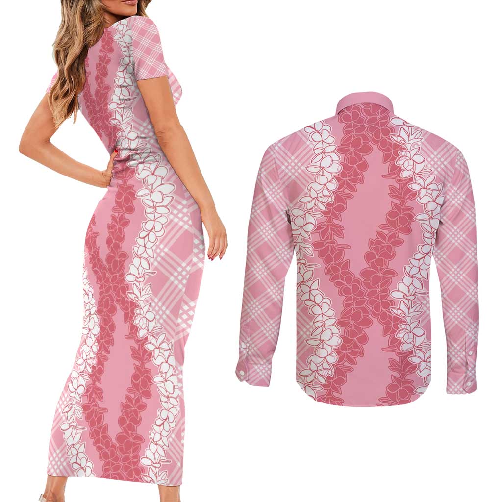 Hawaii Aloha Plumeria Lei Pink Palaka Couples Matching Short Sleeve Bodycon Dress and Long Sleeve Button Shirt - Polynesian Pride