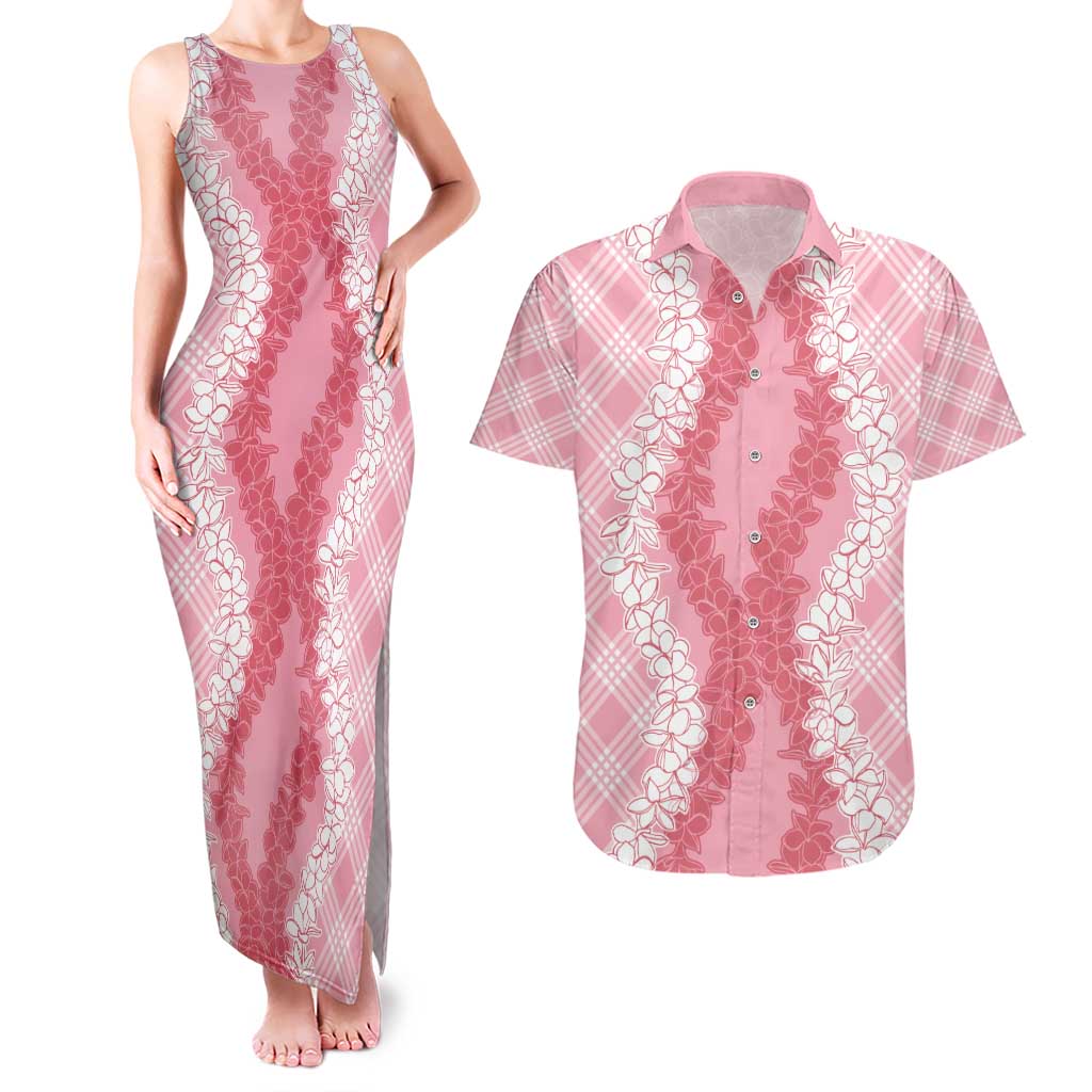 Hawaii Aloha Plumeria Lei Pink Palaka Couples Matching Tank Maxi Dress and Hawaiian Shirt - Polynesian Pride