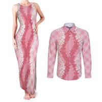 Hawaii Aloha Plumeria Lei Pink Palaka Couples Matching Tank Maxi Dress and Long Sleeve Button Shirt - Polynesian Pride