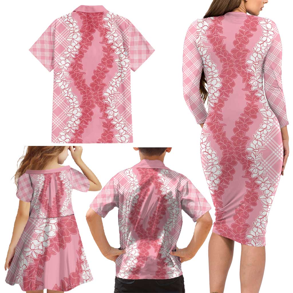 Hawaii Aloha Plumeria Lei Pink Palaka Family Matching Long Sleeve Bodycon Dress and Hawaiian Shirt LT7 - Polynesian Pride