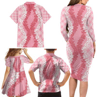 Hawaii Aloha Plumeria Lei Pink Palaka Family Matching Long Sleeve Bodycon Dress and Hawaiian Shirt LT7 - Polynesian Pride