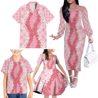 Hawaii Aloha Plumeria Lei Pink Palaka Family Matching Off The Shoulder Long Sleeve Dress and Hawaiian Shirt LT7 - Polynesian Pride