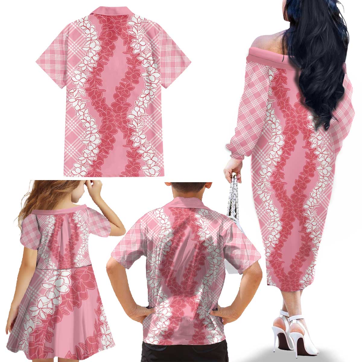 Hawaii Aloha Plumeria Lei Pink Palaka Family Matching Off The Shoulder Long Sleeve Dress and Hawaiian Shirt LT7 - Polynesian Pride