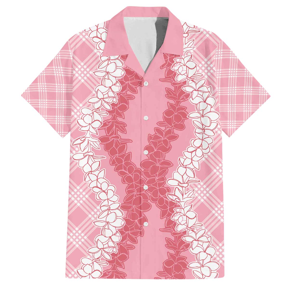 Hawaii Aloha Plumeria Lei Pink Palaka Family Matching Off The Shoulder Long Sleeve Dress and Hawaiian Shirt LT7 Dad's Shirt - Short Sleeve Pink - Polynesian Pride