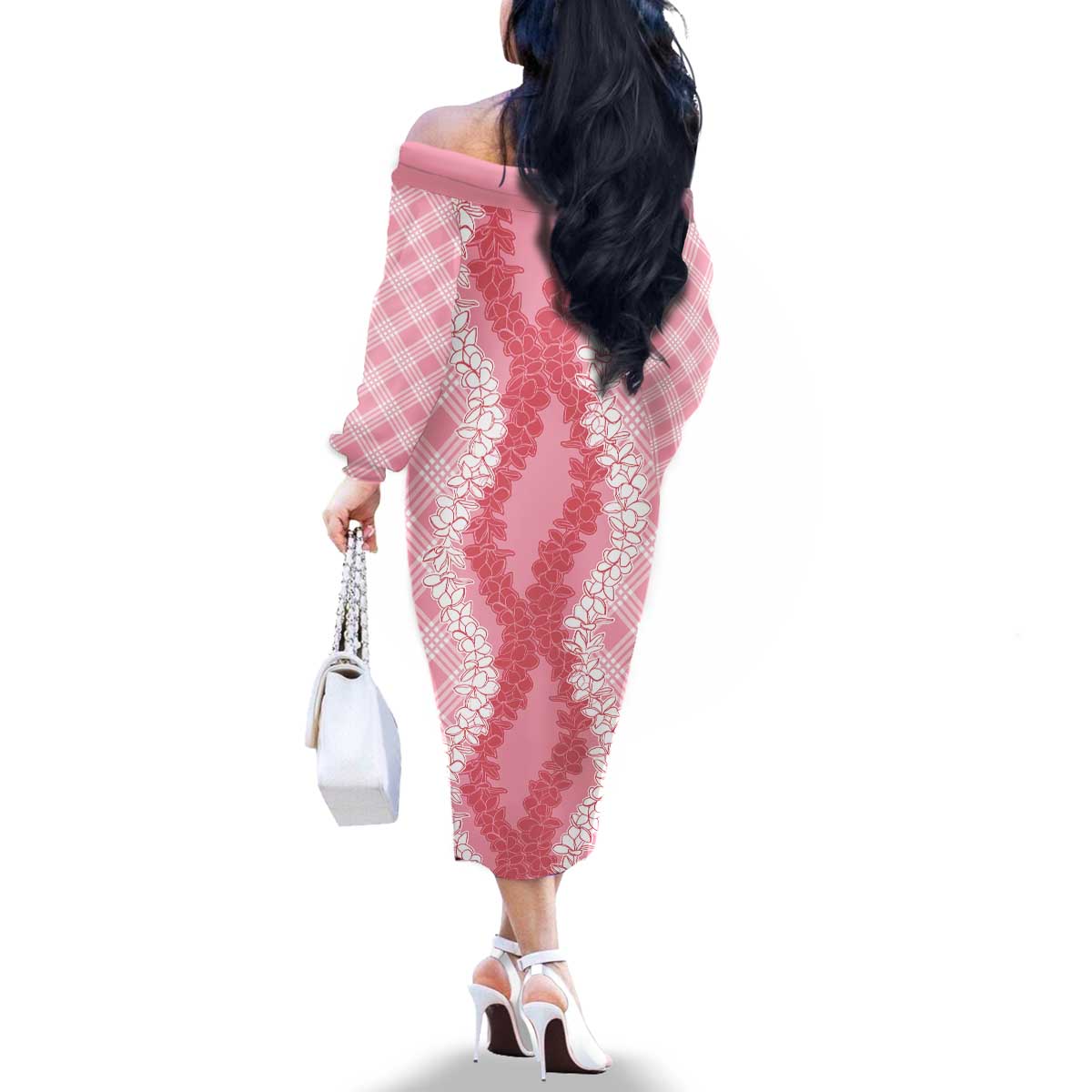 Hawaii Aloha Plumeria Lei Pink Palaka Family Matching Off The Shoulder Long Sleeve Dress and Hawaiian Shirt LT7 - Polynesian Pride