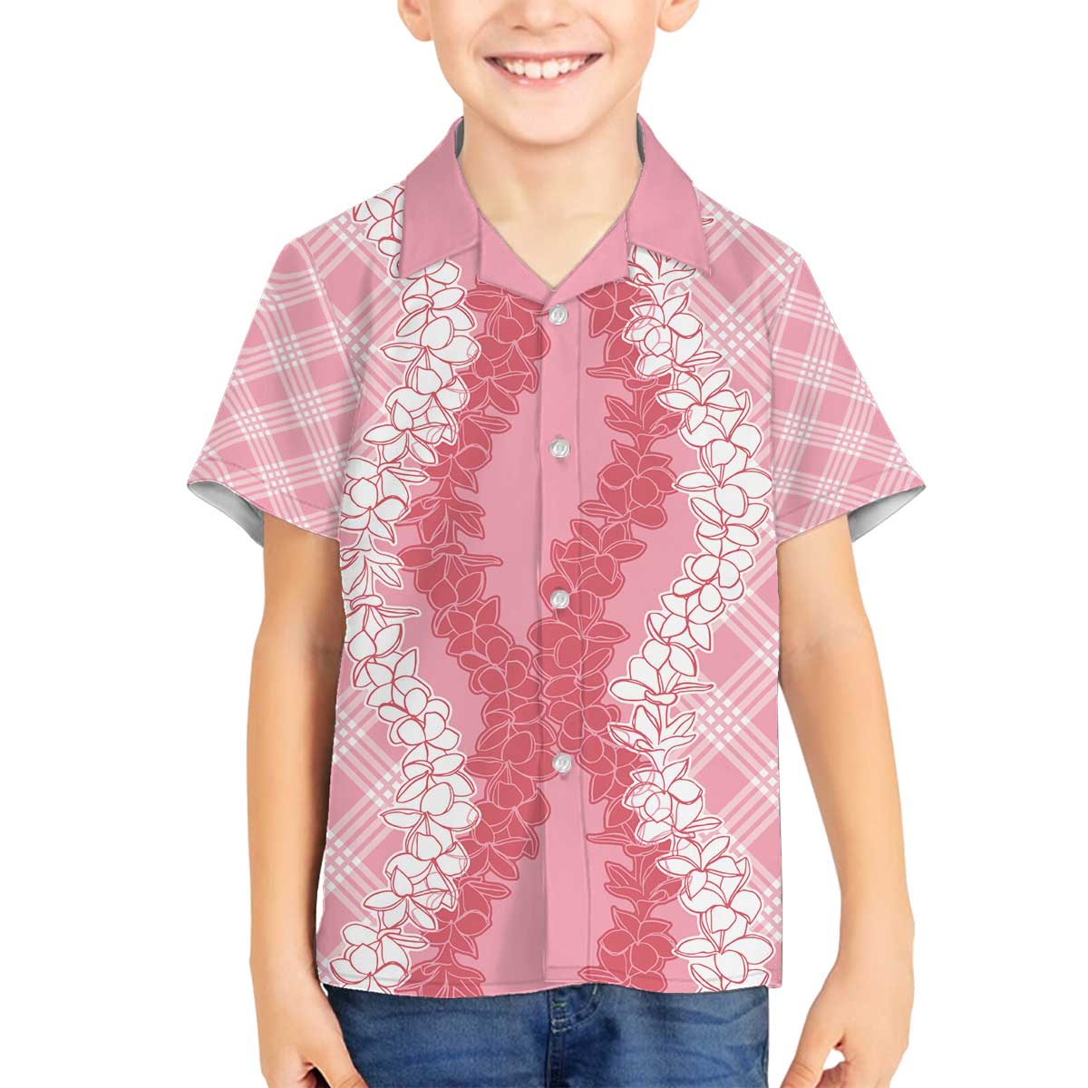 Hawaii Aloha Plumeria Lei Pink Palaka Family Matching Off The Shoulder Long Sleeve Dress and Hawaiian Shirt LT7 Son's Shirt Pink - Polynesian Pride