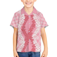 Hawaii Aloha Plumeria Lei Pink Palaka Family Matching Off The Shoulder Long Sleeve Dress and Hawaiian Shirt LT7 Son's Shirt Pink - Polynesian Pride