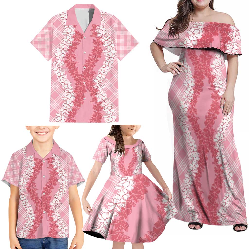 Hawaii Aloha Plumeria Lei Pink Palaka Family Matching Off Shoulder Maxi Dress and Hawaiian Shirt LT7 - Polynesian Pride