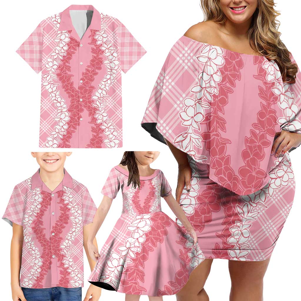 Hawaii Aloha Plumeria Lei Pink Palaka Family Matching Off Shoulder Short Dress and Hawaiian Shirt LT7 - Polynesian Pride