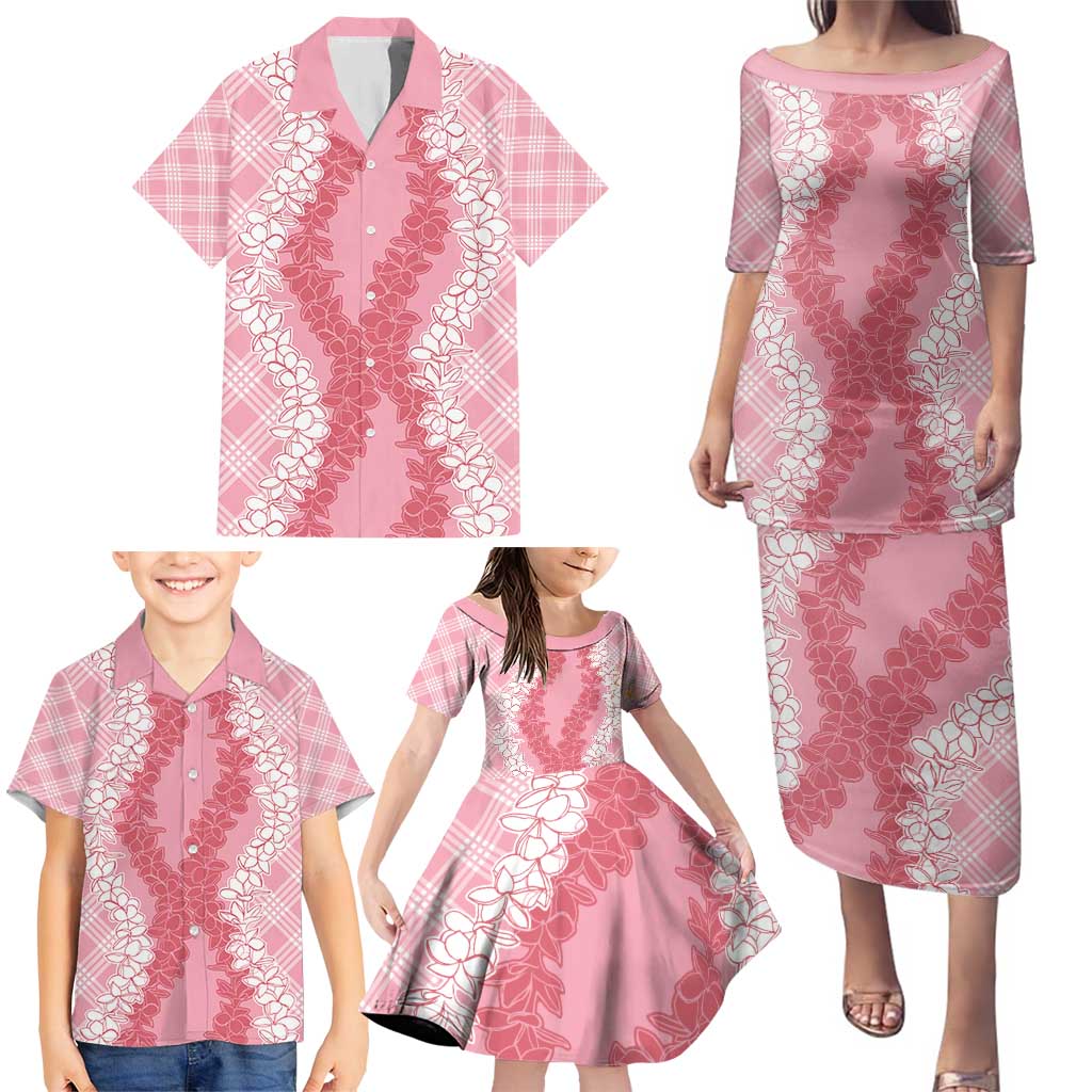 Hawaii Aloha Plumeria Lei Pink Palaka Family Matching Puletasi and Hawaiian Shirt - Polynesian Pride