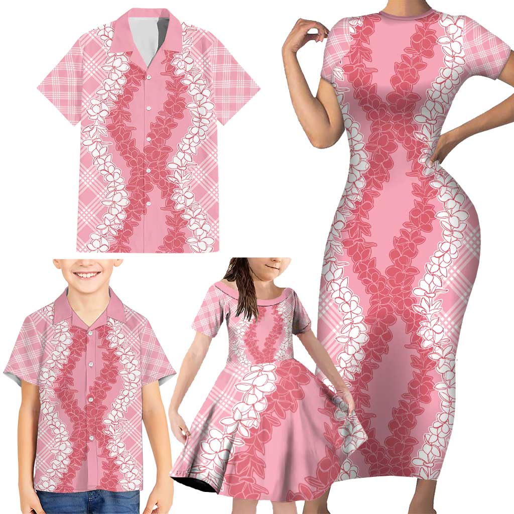 Hawaii Aloha Plumeria Lei Pink Palaka Family Matching Short Sleeve Bodycon Dress and Hawaiian Shirt LT7 - Polynesian Pride
