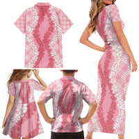 Hawaii Aloha Plumeria Lei Pink Palaka Family Matching Short Sleeve Bodycon Dress and Hawaiian Shirt LT7 - Polynesian Pride