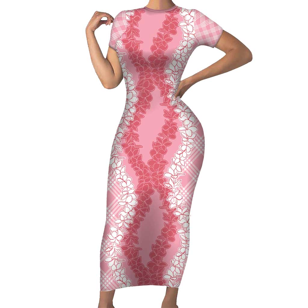 Hawaii Aloha Plumeria Lei Pink Palaka Family Matching Short Sleeve Bodycon Dress and Hawaiian Shirt LT7 Mom's Dress Pink - Polynesian Pride