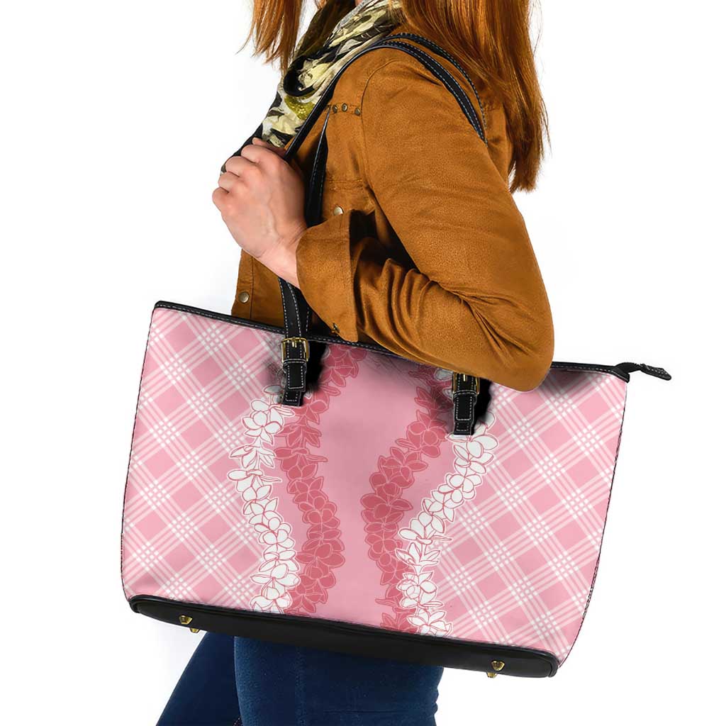 Hawaii Aloha Plumeria Lei Pink Palaka Leather Tote Bag - Polynesian Pride