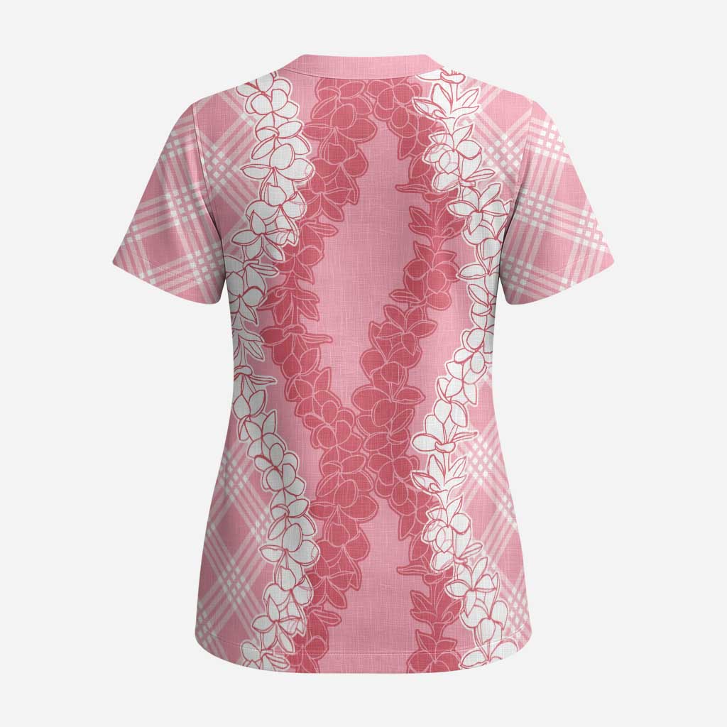 Hawaii Aloha Plumeria Lei Pink Palaka Scrub Top LT7 - Polynesian Pride