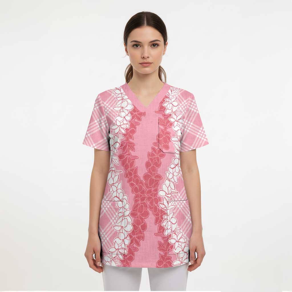 Hawaii Aloha Plumeria Lei Pink Palaka Scrub Top LT7 - Polynesian Pride