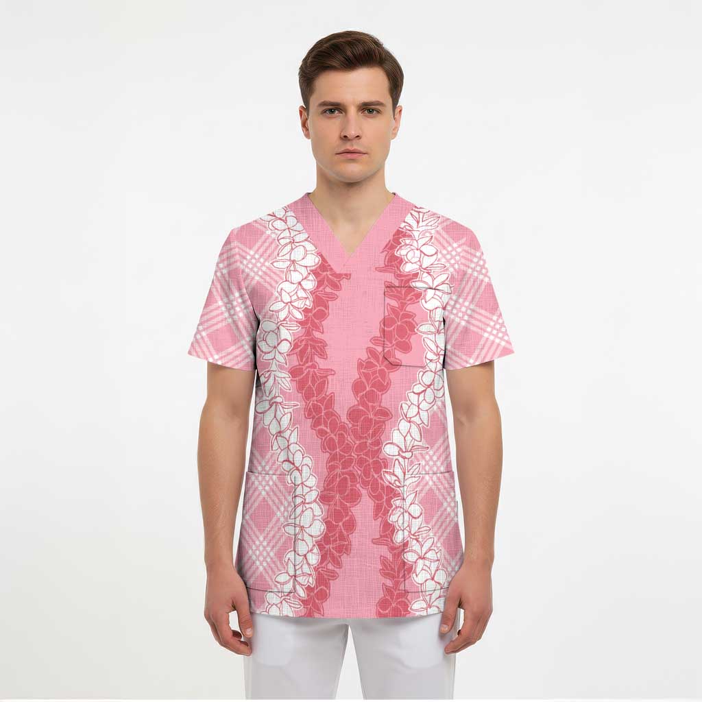 Hawaii Aloha Plumeria Lei Pink Palaka Scrub Top LT7 - Polynesian Pride