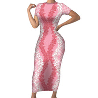 Hawaii Aloha Plumeria Lei Pink Palaka Short Sleeve Bodycon Dress - Polynesian Pride
