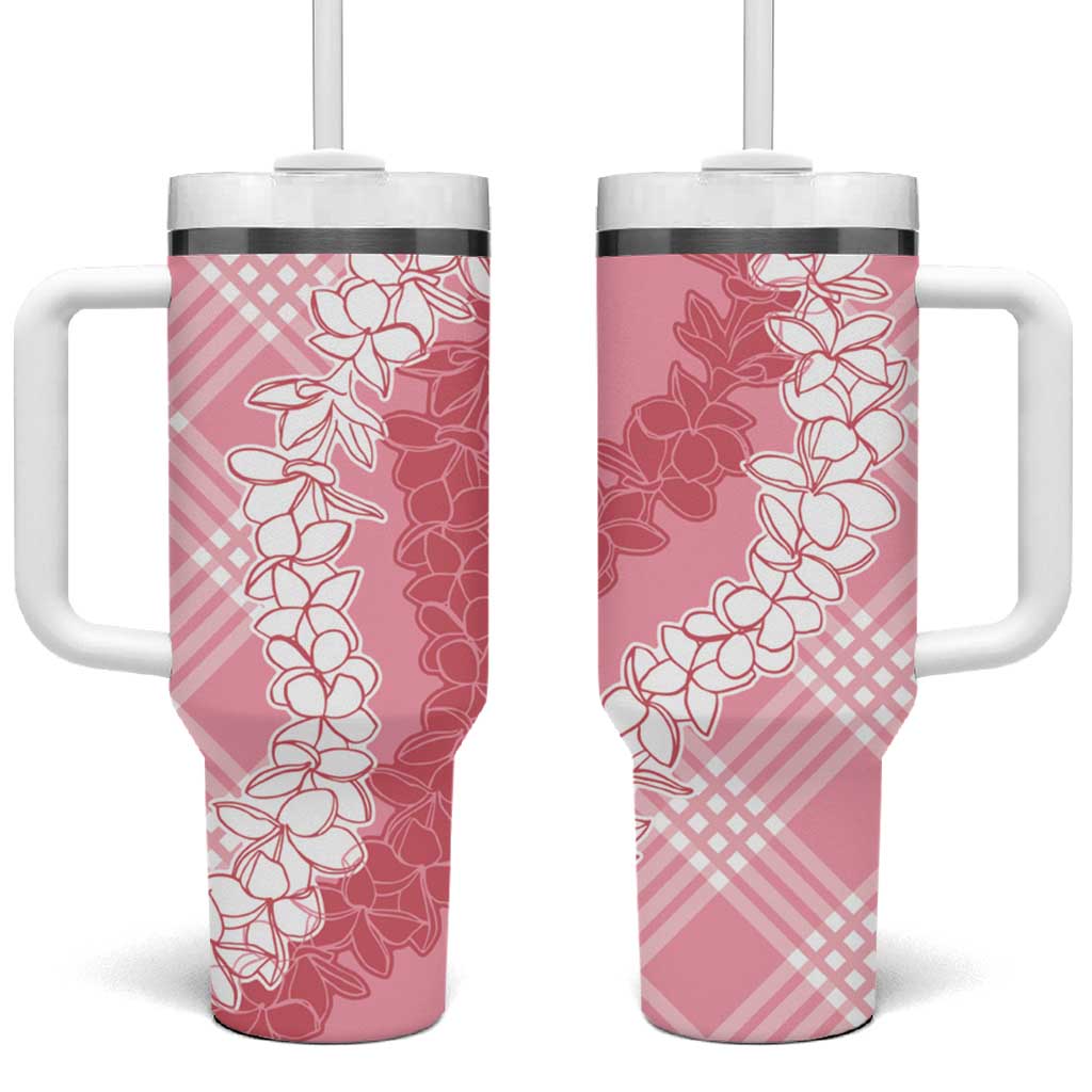 Hawaii Aloha Plumeria Lei Pink Palaka Tumbler With Handle - Polynesian Pride
