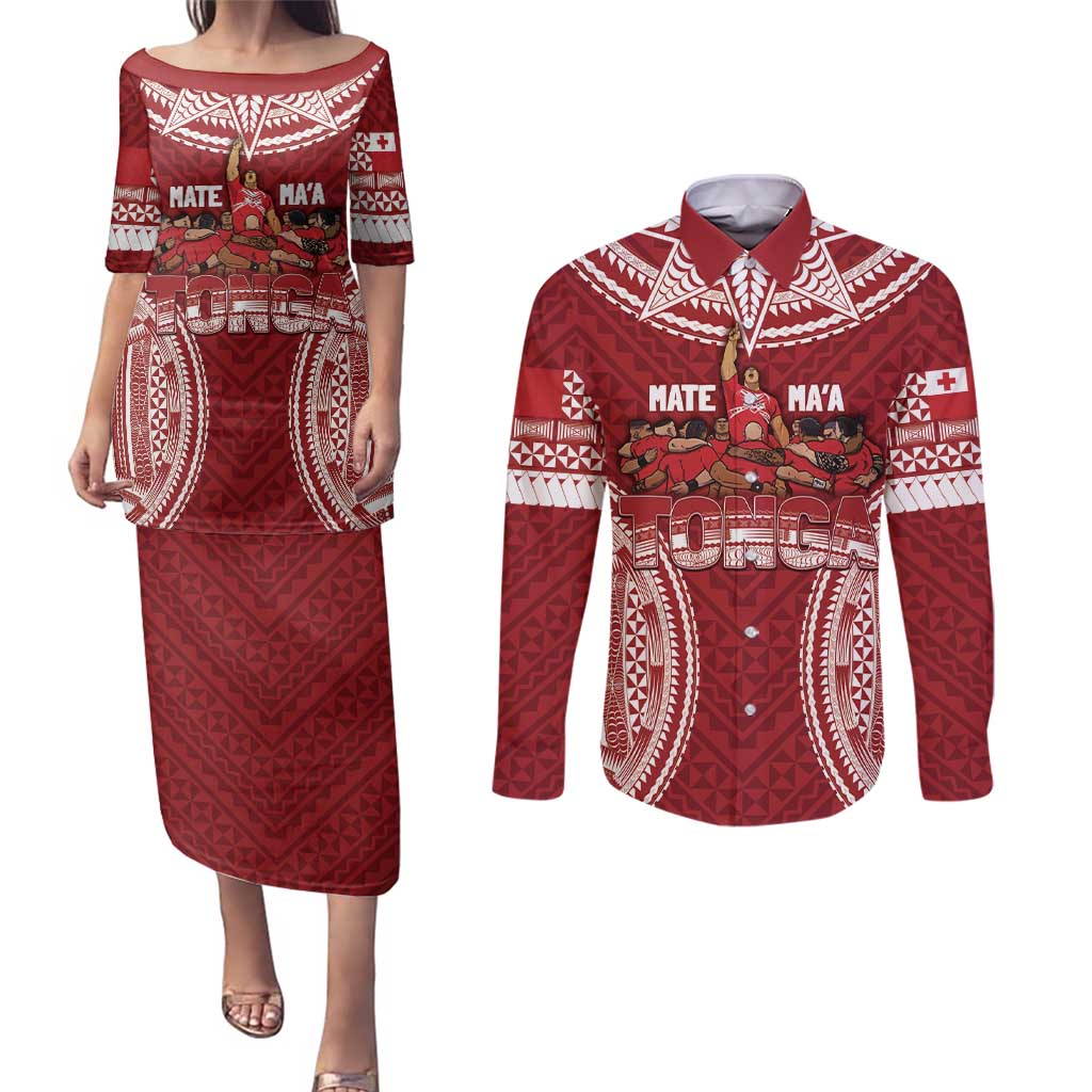 Personalized Mate Maa Tonga Rugby Couples Matching Puletasi and Long Sleeve Button Shirt Ofa Atu Tonga