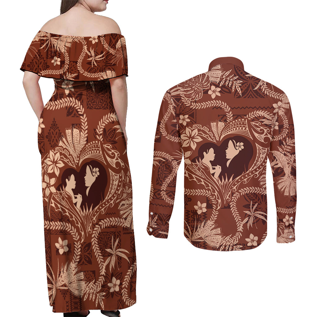 Hawaii Plumeria Couples Matching Off Shoulder Maxi Dress and Long Sleeve Button Shirt Hau'oli la Makuahine Sunburned LT7 - Polynesian Pride