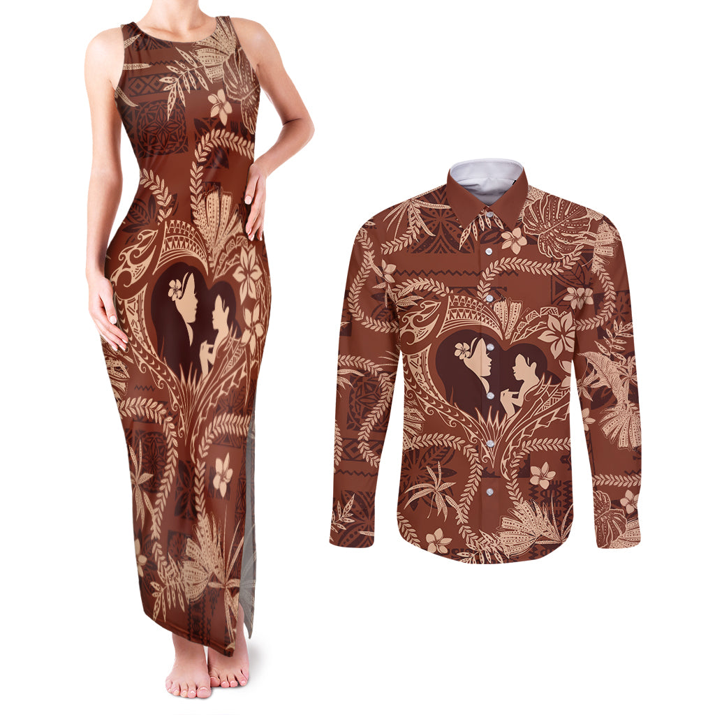 Hawaii Plumeria Couples Matching Tank Maxi Dress and Long Sleeve Button Shirt Hau'oli la Makuahine Sunburned LT7 Brown - Polynesian Pride