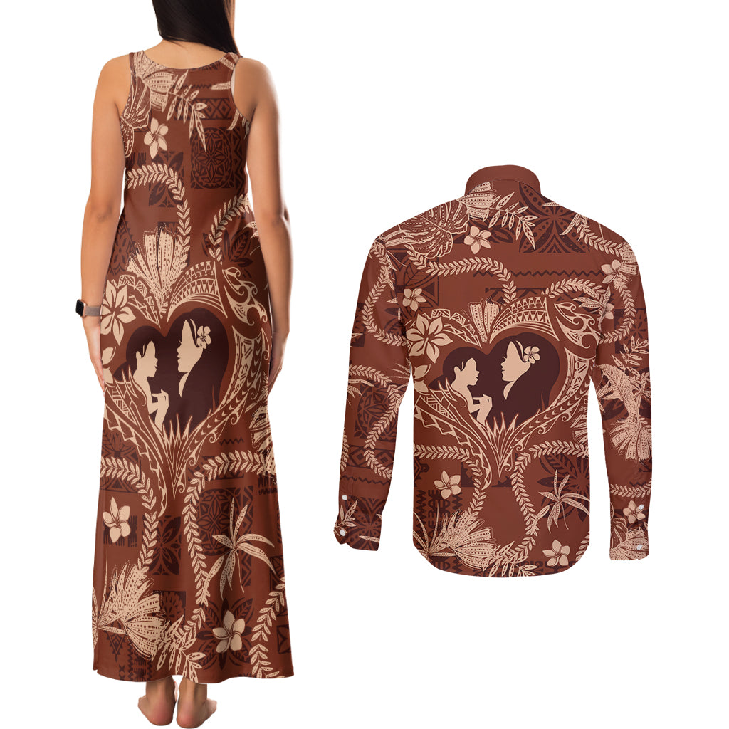 Hawaii Plumeria Couples Matching Tank Maxi Dress and Long Sleeve Button Shirt Hau'oli la Makuahine Sunburned LT7 - Polynesian Pride