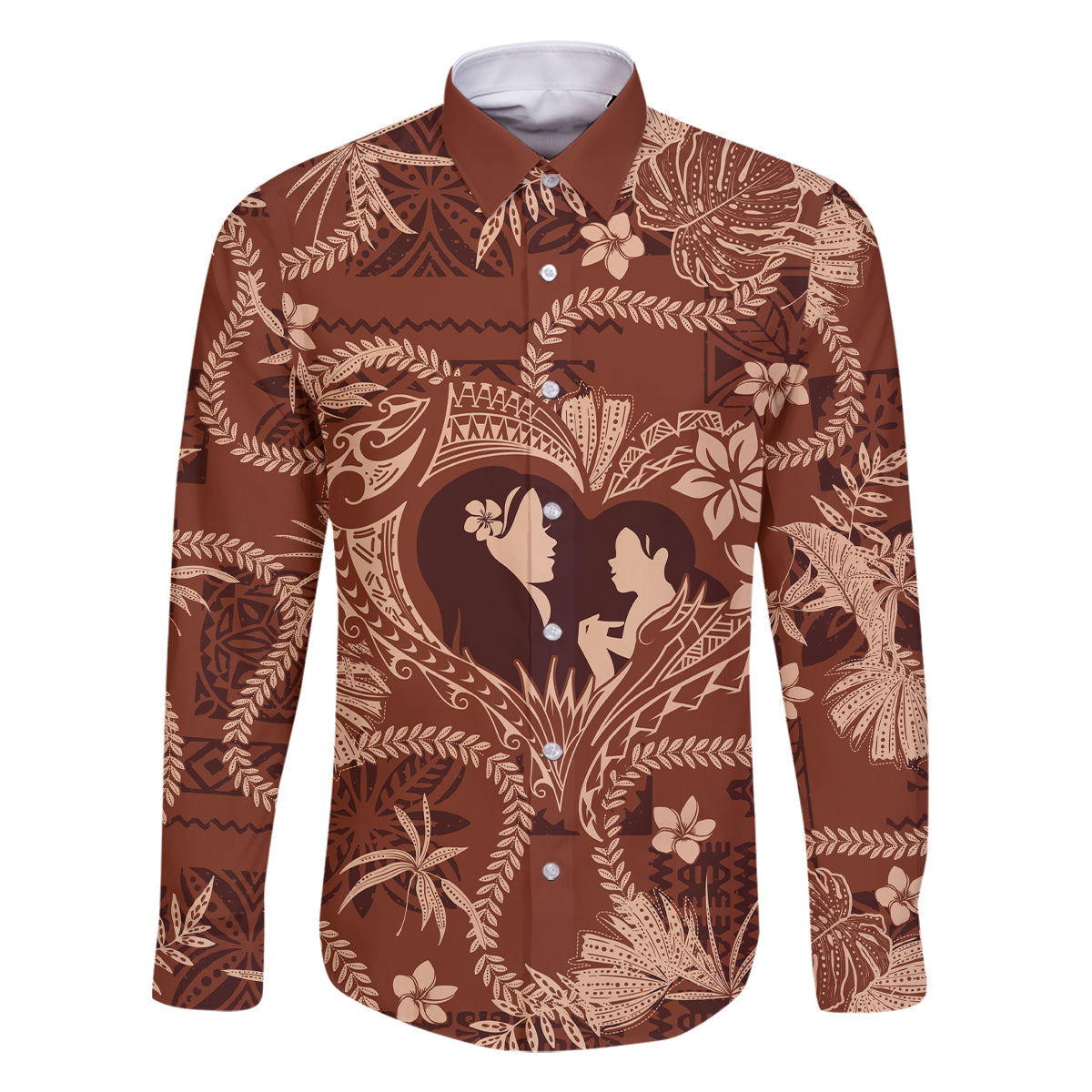 Hawaii Plumeria Family Matching Summer Maxi Dress and Hawaiian Shirt Hau'oli la Makuahine Sunburned LT7 Dad's Shirt - Long Sleeve Brown - Polynesian Pride