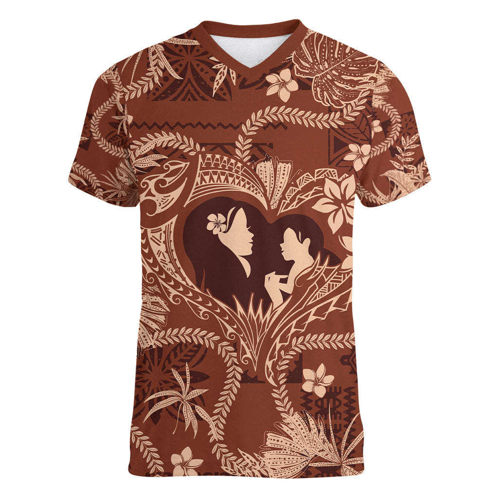Hawaii Plumeria Women V Neck T Shirt Hau'oli la Makuahine Sunburned LT7 Female Brown - Polynesian Pride