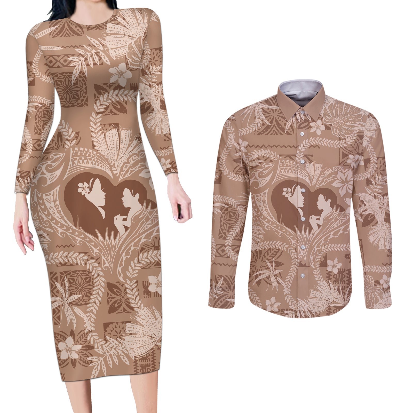 Hawaii Plumeria Couples Matching Long Sleeve Bodycon Dress and Long Sleeve Button Shirt Hau'oli la Makuahine Beige LT7 Beige - Polynesian Pride
