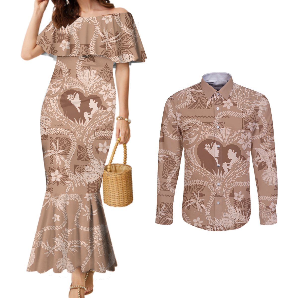 Hawaii Plumeria Couples Matching Mermaid Dress and Long Sleeve Button Shirt Hau'oli la Makuahine Beige LT7 Beige - Polynesian Pride