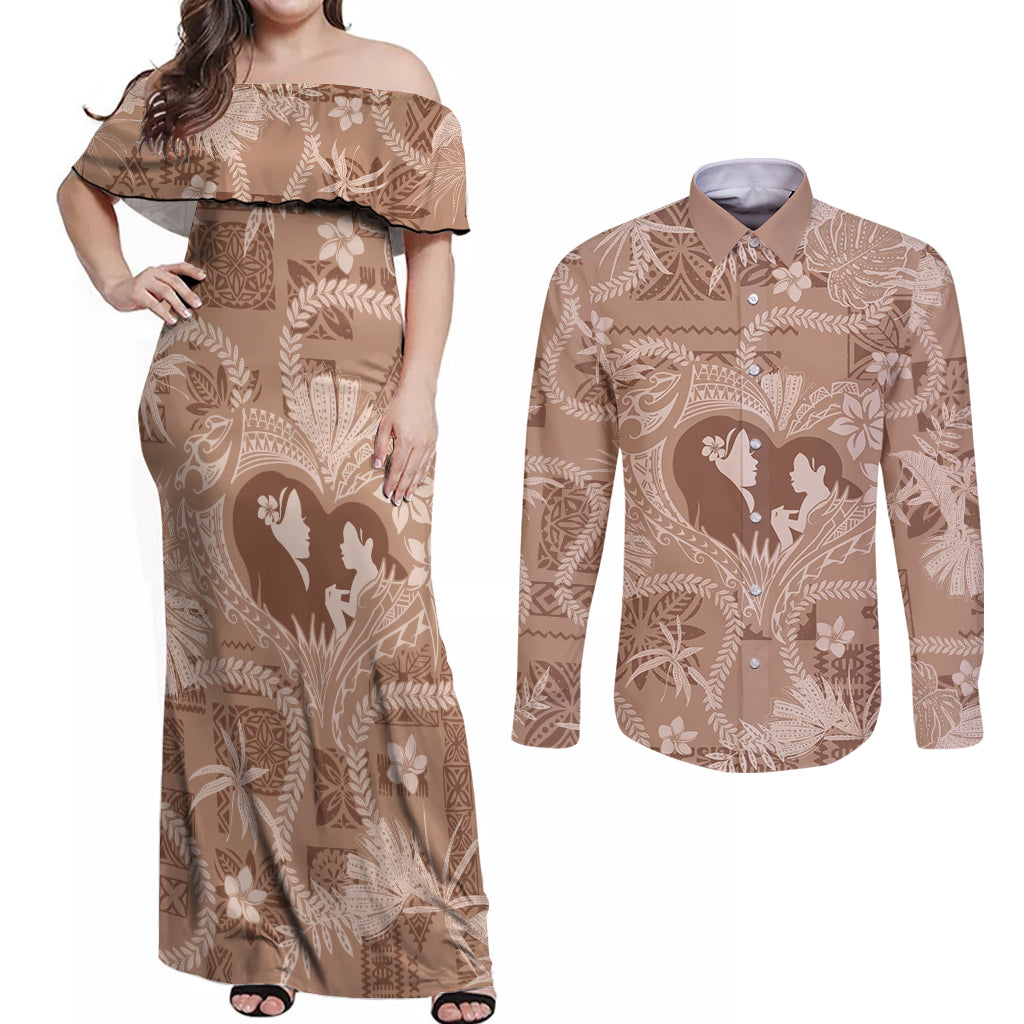 Hawaii Plumeria Couples Matching Off Shoulder Maxi Dress and Long Sleeve Button Shirt Hau'oli la Makuahine Beige LT7 Beige - Polynesian Pride