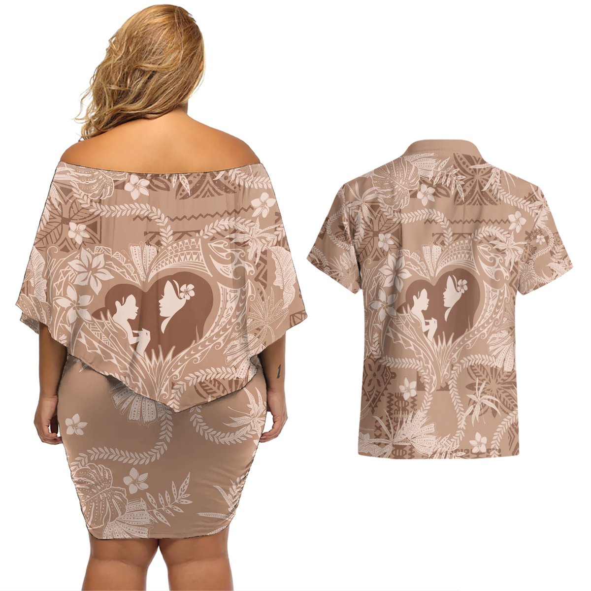 Hawaii Plumeria Couples Matching Off Shoulder Short Dress and Hawaiian Shirt Hau'oli la Makuahine Beige LT7 - Polynesian Pride