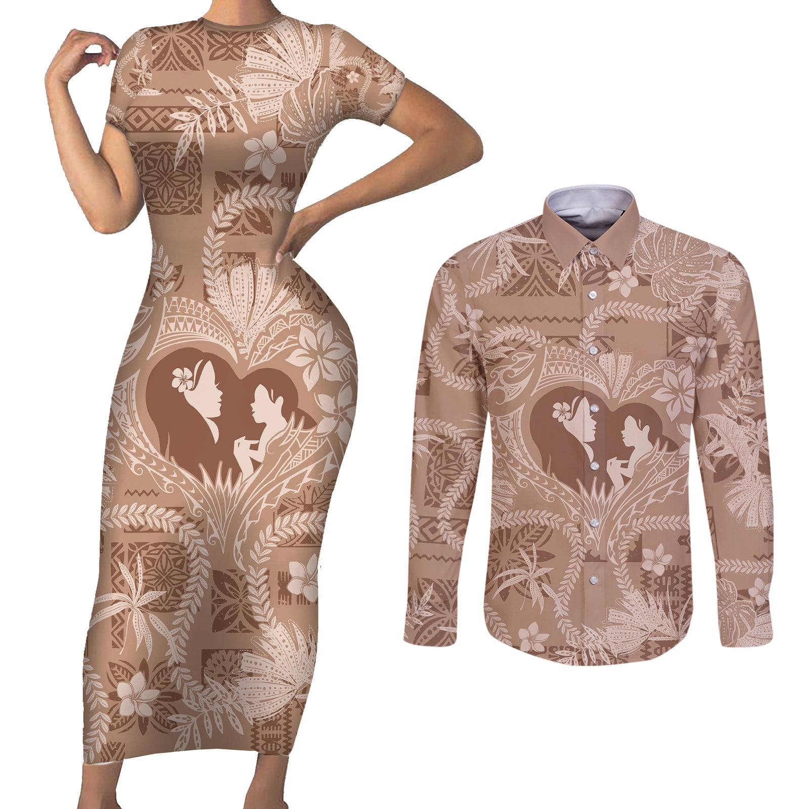Hawaii Plumeria Couples Matching Short Sleeve Bodycon Dress and Long Sleeve Button Shirt Hau'oli la Makuahine Beige LT7 Beige - Polynesian Pride