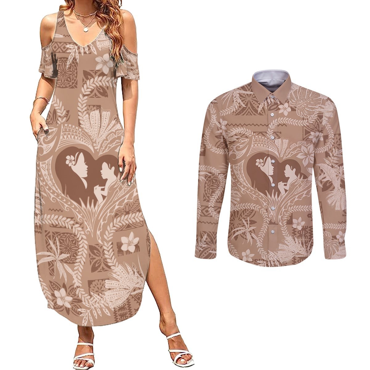 Hawaii Plumeria Couples Matching Summer Maxi Dress and Long Sleeve Button Shirt Hau'oli la Makuahine Beige LT7 Beige - Polynesian Pride
