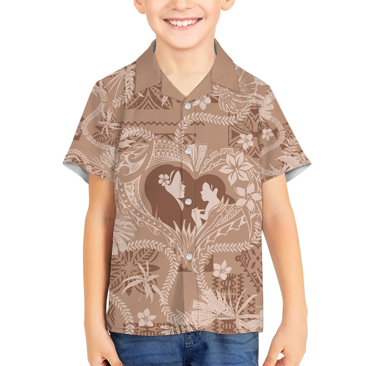 Hawaii Plumeria Family Matching Off Shoulder Maxi Dress and Hawaiian Shirt Hau'oli la Makuahine Beige LT7 Son's Shirt Beige - Polynesian Pride
