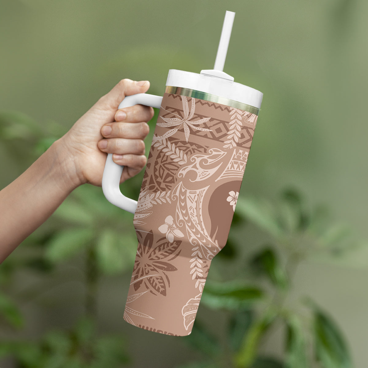 Hawaii Plumeria Tumbler With Handle Hau'oli la Makuahine Beige