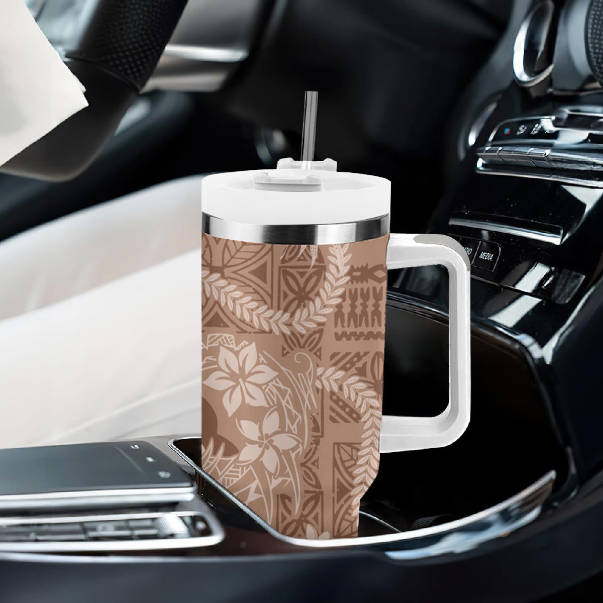 Hawaii Plumeria Tumbler With Handle Hau'oli la Makuahine Beige