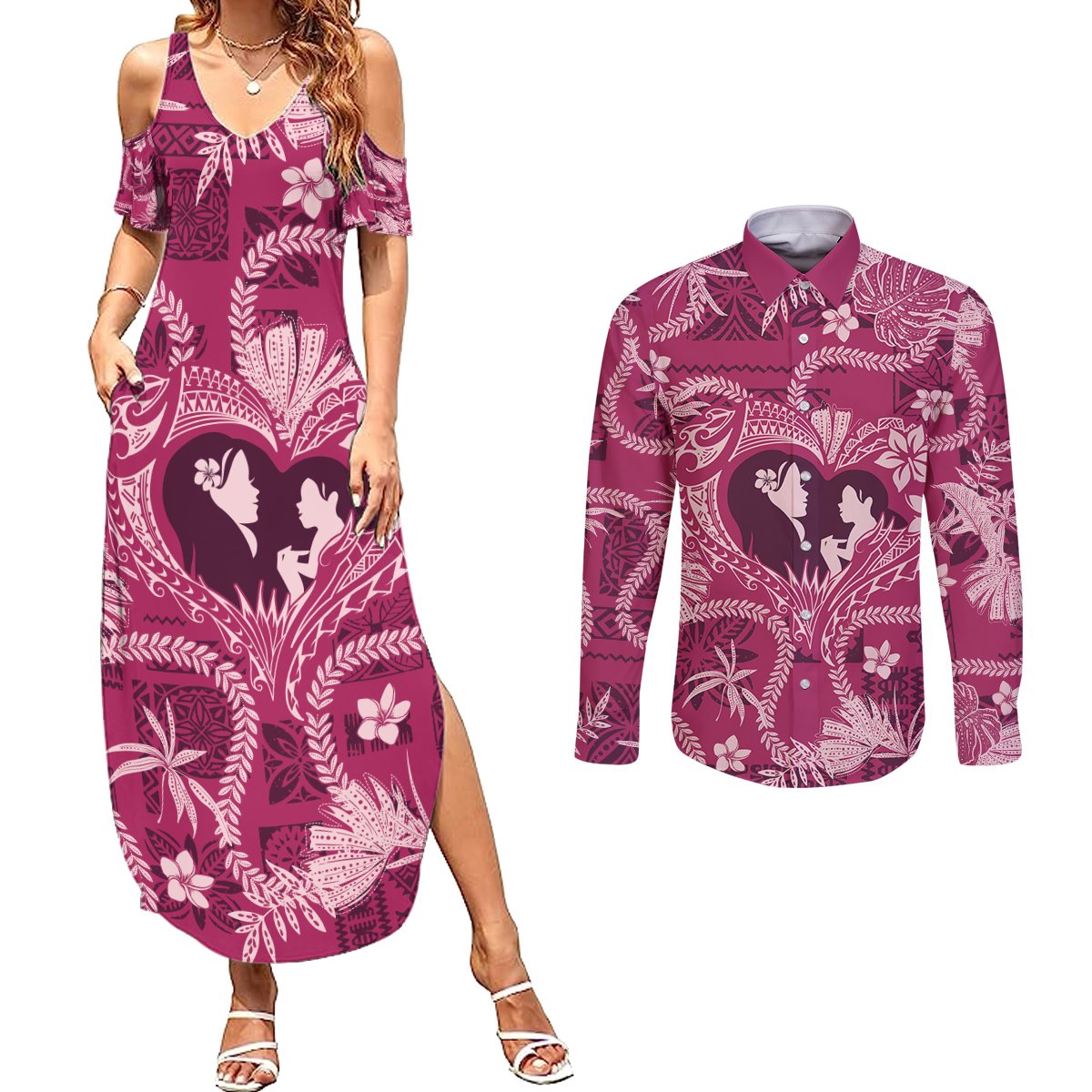 Hawaii Plumeria Couples Matching Summer Maxi Dress and Long Sleeve Button Shirt Hau'oli la Makuahine Rosy LT7 Pink - Polynesian Pride