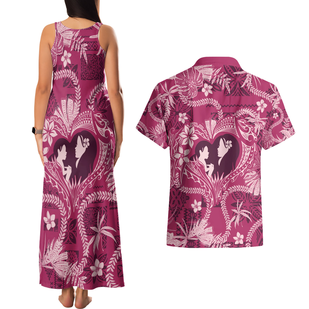 Hawaii Plumeria Couples Matching Tank Maxi Dress and Hawaiian Shirt Hau'oli la Makuahine Rosy LT7 - Polynesian Pride