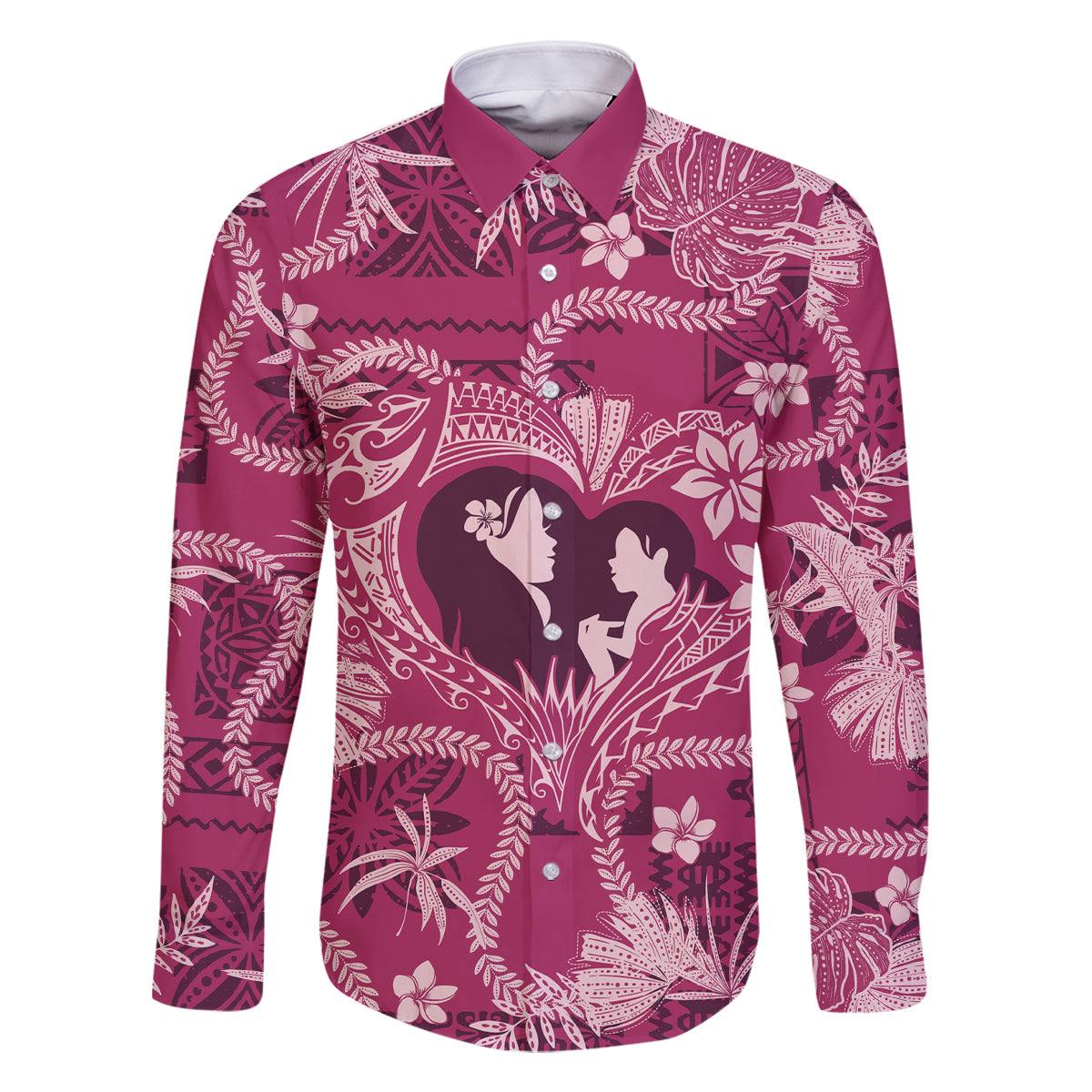 Hawaii Plumeria Family Matching Off The Shoulder Long Sleeve Dress and Hawaiian Shirt Hau'oli la Makuahine Rosy LT7 Dad's Shirt - Long Sleeve Pink - Polynesian Pride