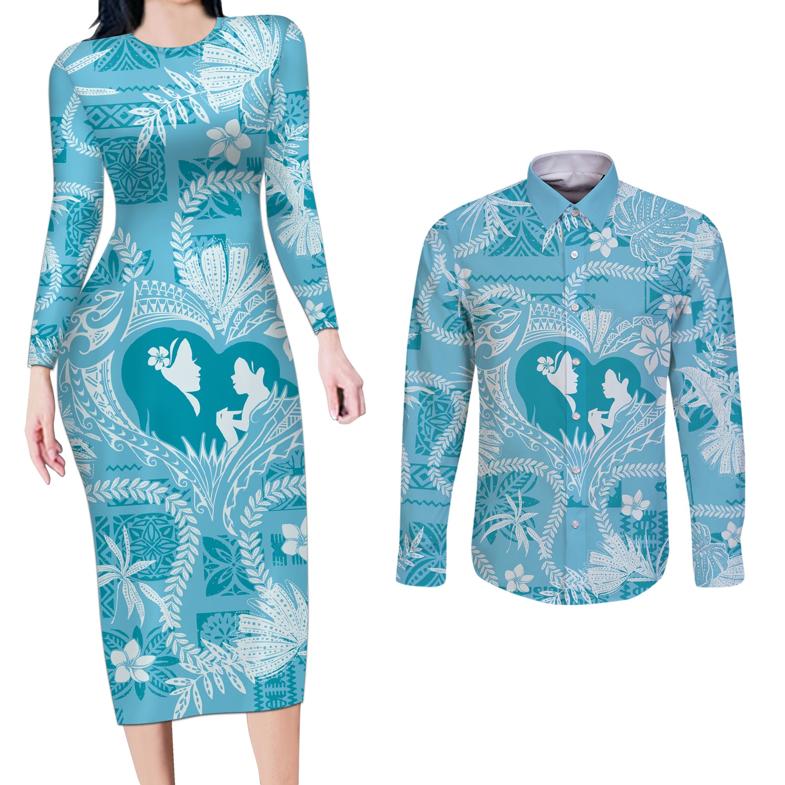 Hawaii Plumeria Couples Matching Long Sleeve Bodycon Dress and Long Sleeve Button Shirt Hau'oli la Makuahine Turquoise LT7 Turquoise - Polynesian Pride