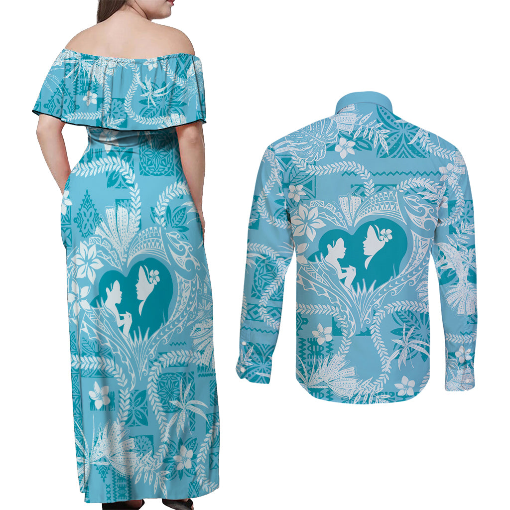 Hawaii Plumeria Couples Matching Off Shoulder Maxi Dress and Long Sleeve Button Shirt Hau'oli la Makuahine Turquoise LT7 - Polynesian Pride