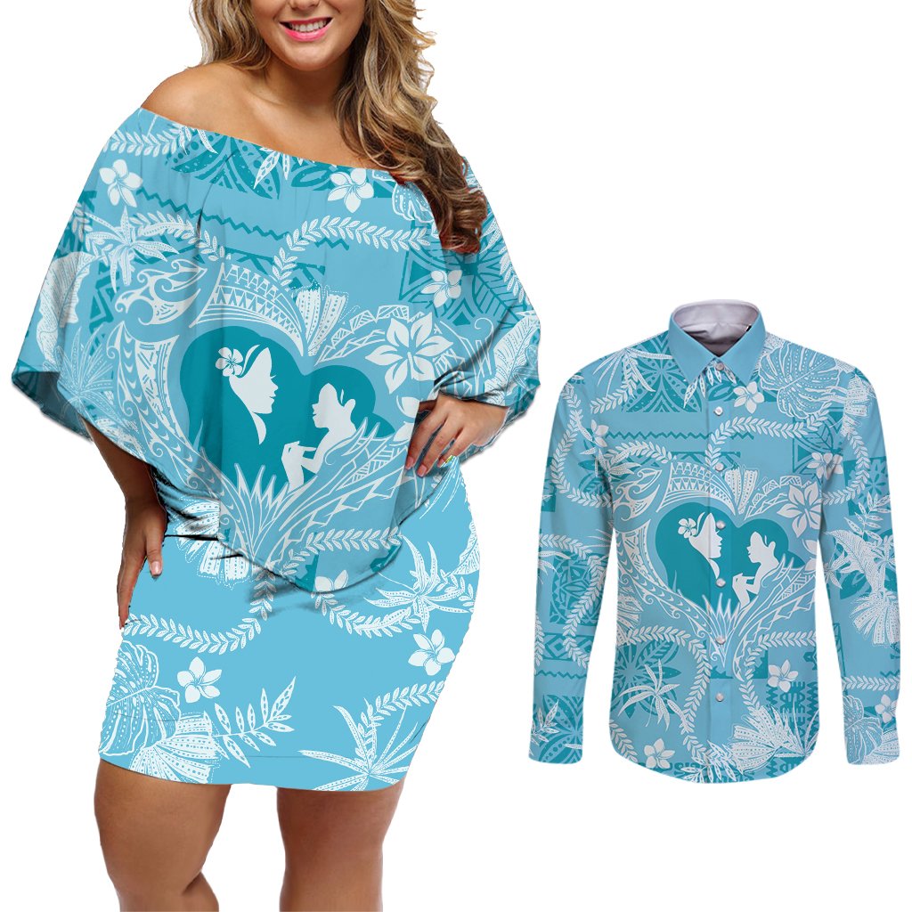 Hawaii Plumeria Couples Matching Off Shoulder Short Dress and Long Sleeve Button Shirt Hau'oli la Makuahine Turquoise LT7 Turquoise - Polynesian Pride