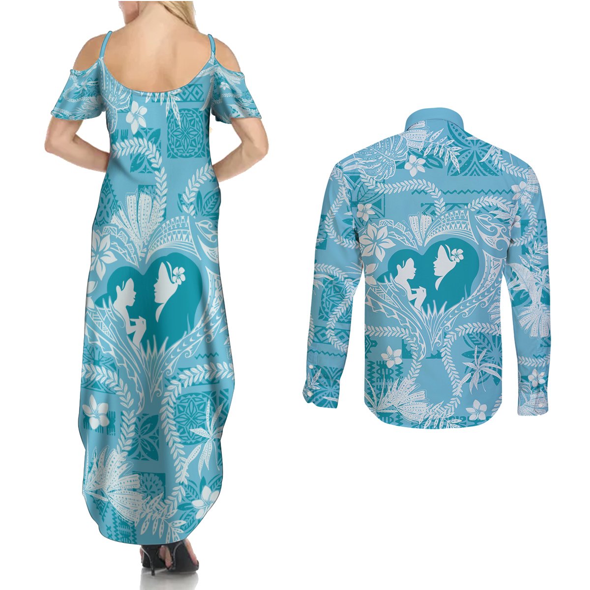 Hawaii Plumeria Couples Matching Summer Maxi Dress and Long Sleeve Button Shirt Hau'oli la Makuahine Turquoise LT7 - Polynesian Pride